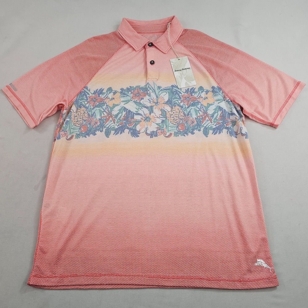Tommy Bahama IslandZone polo shirt M Medium pink 2 buttons floral logo dry mens